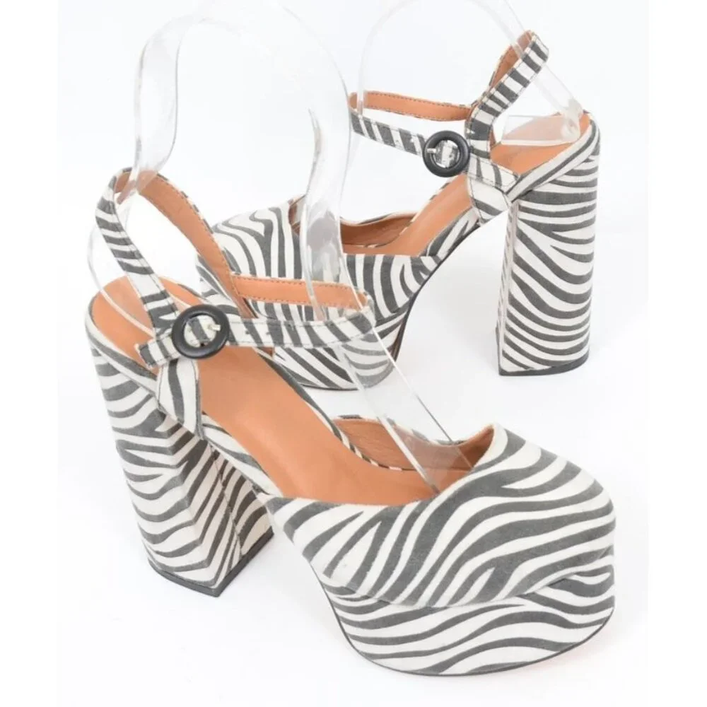 NastyGal Zebra Print Platform Mary Jane Heels UK 5 US 7 Safari Coquette Rave